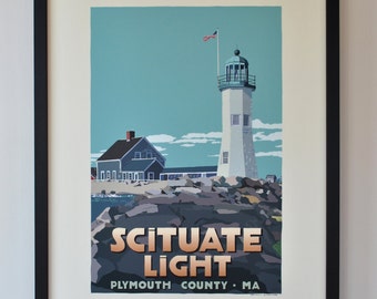 Scituate Light Art Print 18" x 24" Framed Travel Poster By Alan Claude - Massachusetts