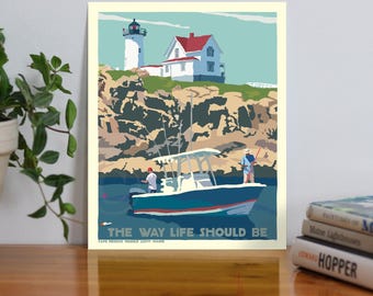 Fishing at the Nubble Art Print 8" x 10" Travel Poster By Alan Claude