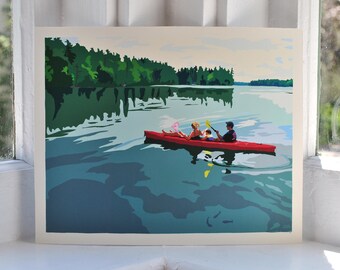 Kayaking on a Lake Art Print 8" x 10" Wall Poster By Alan Claude - Maine
