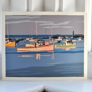 May include: A painting of a harbor scene with several boats docked in the water. The boats are various shades of blue, green, and yellow. The water is a light blue color and the sky is a light gray color.