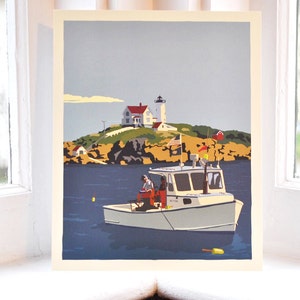 Lobstering at the Nubble Lighthouse Art Print 8" x 10" Wall Poster By Alan Claude - Maine