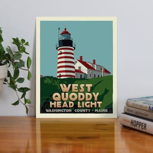 West Quoddy Head Light Art Print 8&quot; x 10&quot; Travel Poster By Alan Claude - Maine