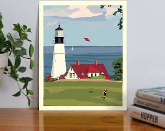 Fly Kite Fly at Portland Head Light Art Print 8" x 10" Travel Poster By Alan Claude - Maine