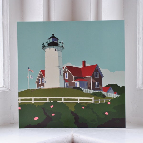 Nobska Point Light Art Print 8" x 8" Wall Poster By Alan Claude - Massachusetts