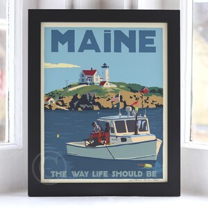 Lobstering at the Nubble Maine Art Print Framed 8&quot; x 10&quot; Travel Poster By Alan Claude - Maine