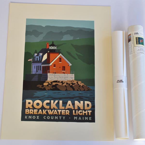 Rockland Breakwater Light Art Print 18" x 24" Travel Poster By Alan Claude - Maine