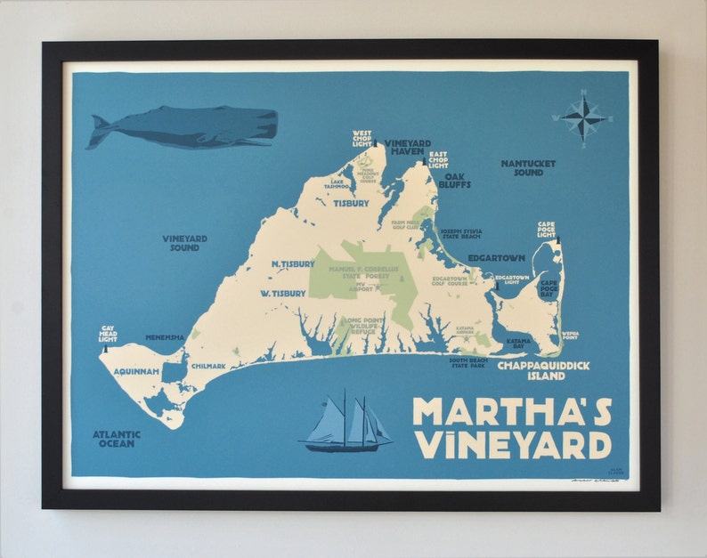 Martha's Vineyard Map Art Print 18 X 24 Framed Etsy