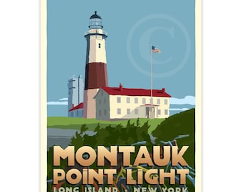 18" x 24" Montauk Point Light Travel Poster Art Print By Alan Claude - Long Island, New York