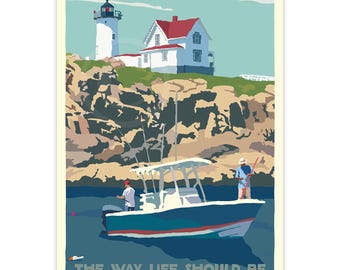 18" x 24" Fishing at the Nubble Travel Poster Art Print By Alan Claude - Maine