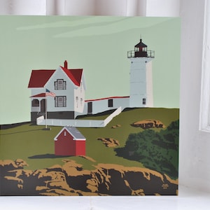 Cape Neddick 'Nubble' Light Art Print 8" x 8" Wall Poster By Alan Claude - Maine