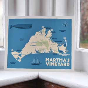 Martha&#39;s Vineyard Map Art Print 8&quot; x 10&quot; Travel Poster By Alan Claude - Massachusetts