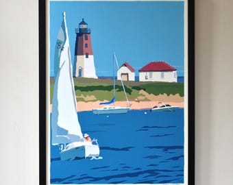Point Judith Light Art Print 18" x 24" Framed Wall Poster By Alan Claude - Rhode Island
