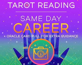 May include: A purple and green background with a stylized image of two hands holding a circle with a yellow briefcase inside. The text "Tarot Reading Same Day Career + Oracle Card Pull for Extra Guidance" is at the top of the image.