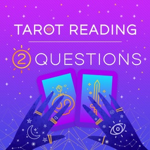 May include: Two tarot cards with a purple and pink gradient background. The cards are held by two hands with blue skin and gold rings. The text on the cards is "Tarot Reading 2 Questions".