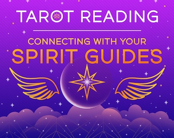 May include: Purple background with a white text overlay that reads "Tarot Reading Connecting with Your Spirit Guides". The background is decorated with gold stars and a gold crescent moon with a gold star in the center. There are two gold wings on either side of the moon.