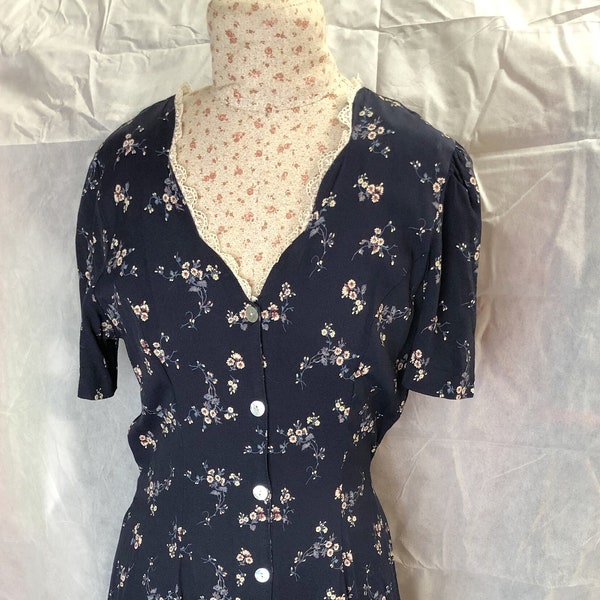 Vintage 1990s Decked Out Short Sleeved Floral Lace V-Neck Mother of Pearl Button Closure Maxi Dress in Navy Blue W/ Waist Tie