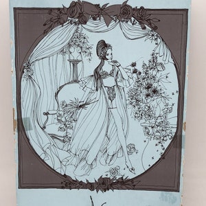 Vintage 1950s Hollywood Vassarette Bras & Girdles Baby Blue Storage Box Empty W/ Ornate Drawing on Front 10&quot;x7&quot;x1.5&quot;