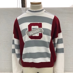Vintage 1990s Colville Washington High School Indians Maroon, White Grey Striped Acrylic Sweater Cheerleading Uniform Size 44