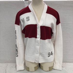 Vintage 1990s Colville Washington High School Indians Maroon, White Grey Striped Acrylic Letterman Sweater Cheerleading Uniform Size 44
