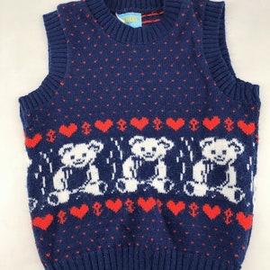 Vintage 1980s Tarheel Knitwear Children&#39;s Blue Knit Valentines Sweater Vest Baby Bears With Cute Heart Details