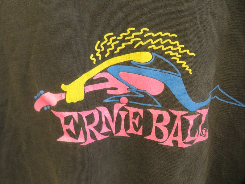 Vintage 1990s Ernie Ball Guitar Graphic Black T-Shirt Size XL