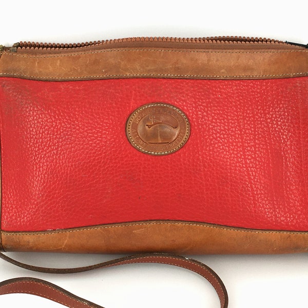 Vintage Dooney & Bourke Red and Tan Leather Zipper Crossbody Shoulder Bag
