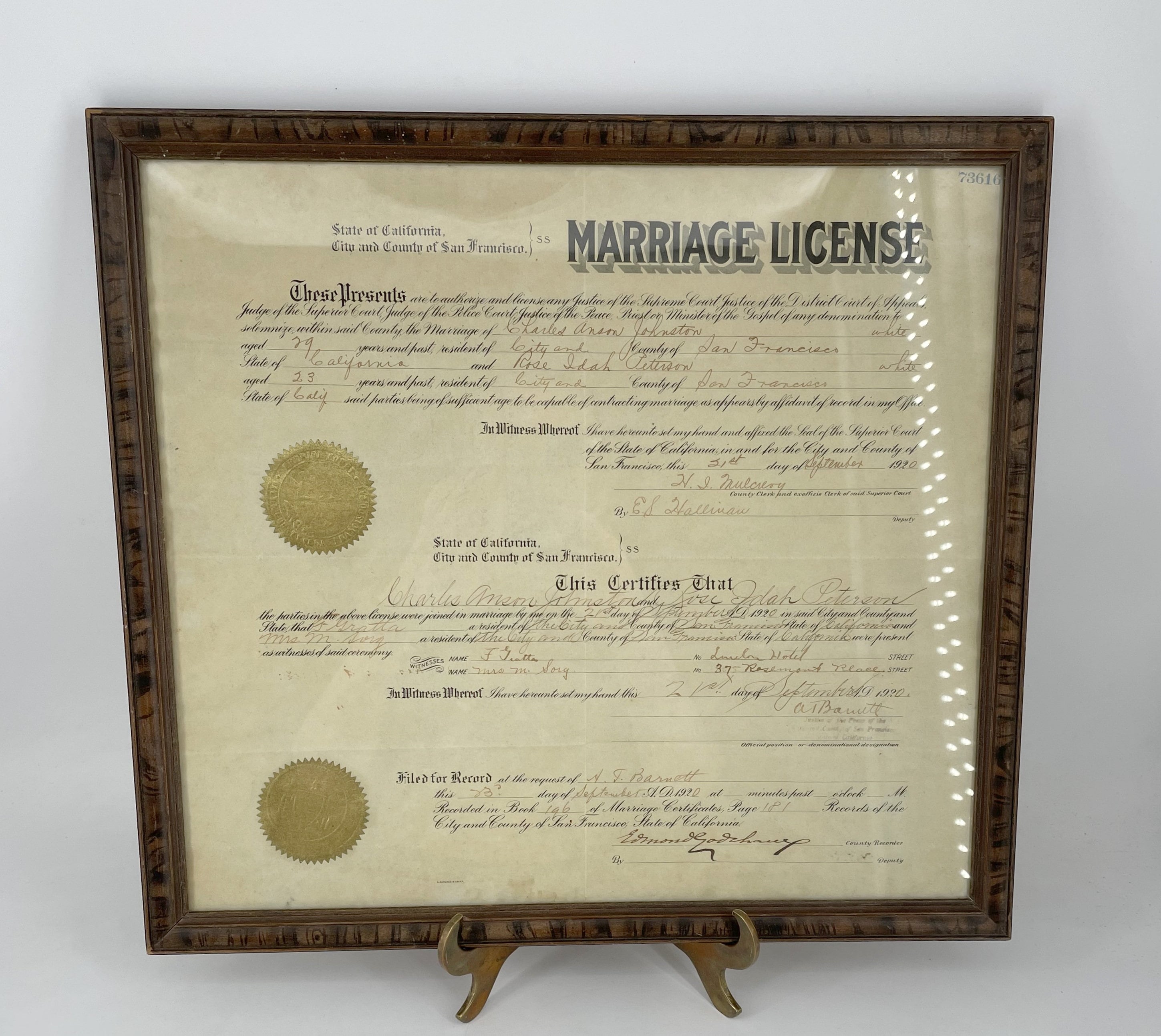 Antique Framed Marriage License of Charles Johnston and Rose Peterson San  Francisco 21st of September 1920 Signed and Dated - Etsy