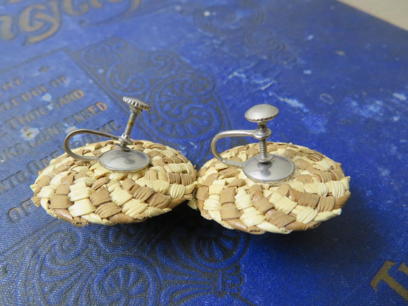 Vintage Boho Wicker Sombrero Screw Back Earrings