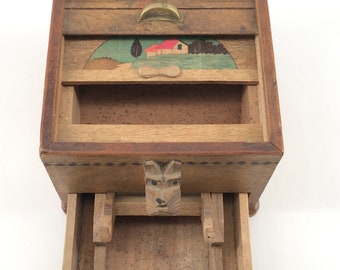 Vintage 1940s Mid Century Japanese Roll Top Mechanical Cigarette Wooden Box With Scottie Dog Carved Detail Hand Painted