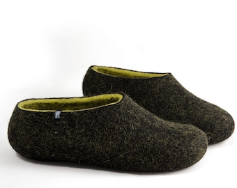 Mens Black Felted Slippers, Wool Slippers in Black & Lime Green - a comfortable and useful gift