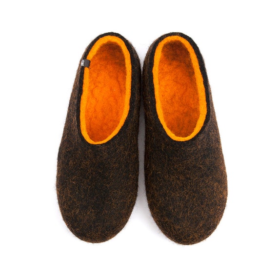 Felted Wool Slippers, Men's House Shoes, Black \u0026 Orange Wool Felt, Handmade Ecological and Seamless. Warm Slippers, Useful Gifts for Men