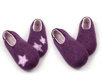 Women's wool slippers, purple and white with optional festive stars