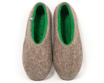 Wool felted slippers for women, naturally grey wool with emerald green