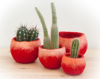 Small plant pots 4 sizes, Indoor mini planters in felted wool with waterproof base, modern planter gift