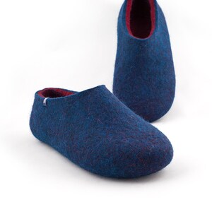 Felted Merino Wool Slippers for Men: Blue & dark Red