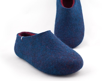 Felted Merino Wool Slippers for Men: Blue & dark Red