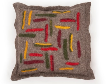 Throw pillow cover in felted wool, winter farmhouse decor, 20x20 inch, Grey with red green and yellow accents.