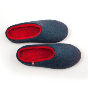 Wool Slippers for men, Felted Slippers Blue -  Red, high or low at the back by Wooppers Woolen Slippers