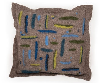 Designer sofa pillow unique throw pillow cover, 20x20 inch, felted wool with linen back. Grey with blue and green accents.