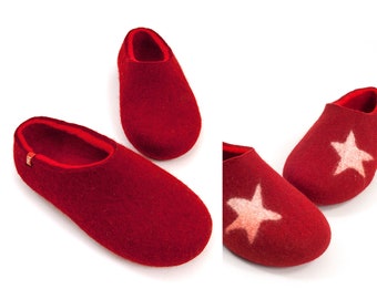Red Merino Wool Slippers: Handmade Felted House Shoes with optional decoration