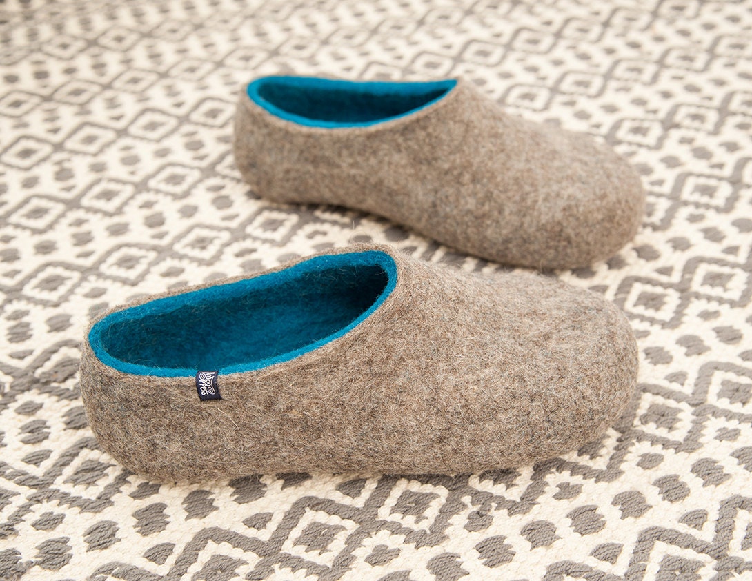 Felted Slippers for Men Felt Wool Clogs Natural Grey & Blue - Etsy