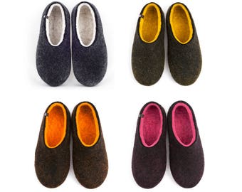 Handmade Black Wool Felt Slippers with Colorful Interior – Cozy Merino Wool Clogs for Women