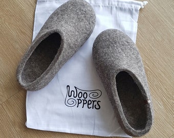 Grey Slippers for women in Felted Wool, hygge, low or high at the back, easy to slip on.