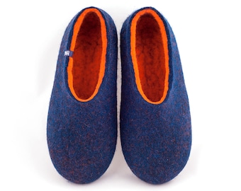 Felted Wool House Slippers: Blue & Orange Clogs, Men's Sheep Wool Shoes