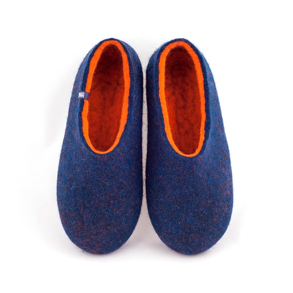 House Slippers for men, Felted Slippers Blue Orange, Sheep Wool Clogs by Wooppers Woolen Slippers