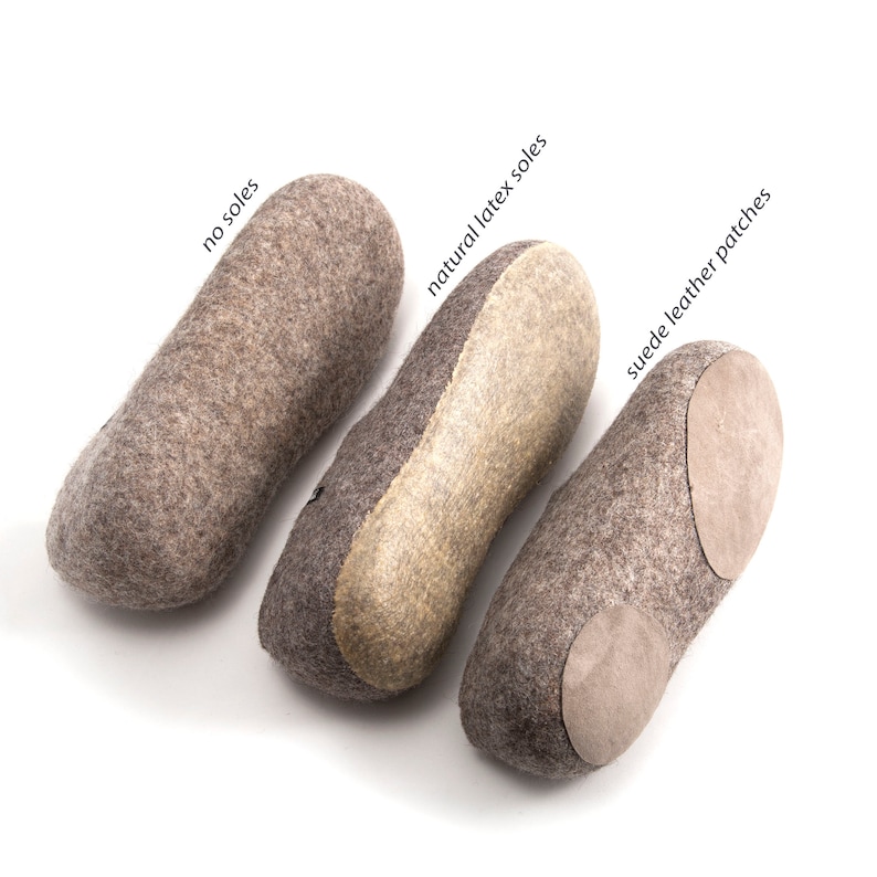 May include: Three pairs of felt slippers with different soles: no soles, natural latex soles, and suede leather patches. The slippers are all gray and have a rounded shape.