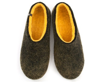 Mens Felted Wool Slippers: Black Yellow Merino Wool House Shoes by Wooppers