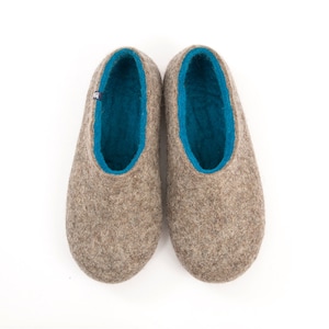 Handmade Felted Wool Slippers for Men: Natural Grey & Blue Merino Clogs
