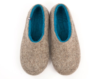 Felted Slippers for Men, felt wool clogs, Natural Grey & blue merino wool slippers, Warm house shoes, Handmade slippers