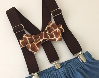 Ref 125> - Jean & Giraffe First Birthday Outfit - Diaper Cover/Suspenders/Bowtie- 3 pc. Set.